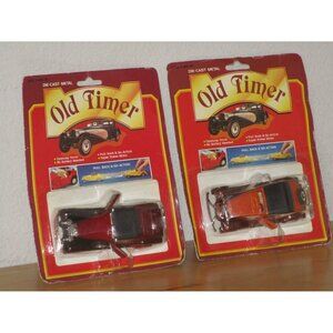 Old Timer Die Cast Metal Lot of 2 Vintage Orange Red Roadster Cars Pull Back